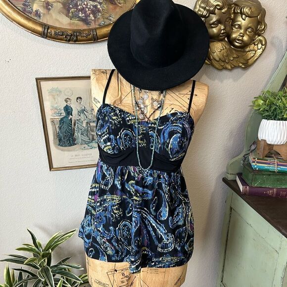 ELLE Paisley Print Colorful Cami Tank Blouse Bustier Style Size M Smocked Back - Picture 1 of 9